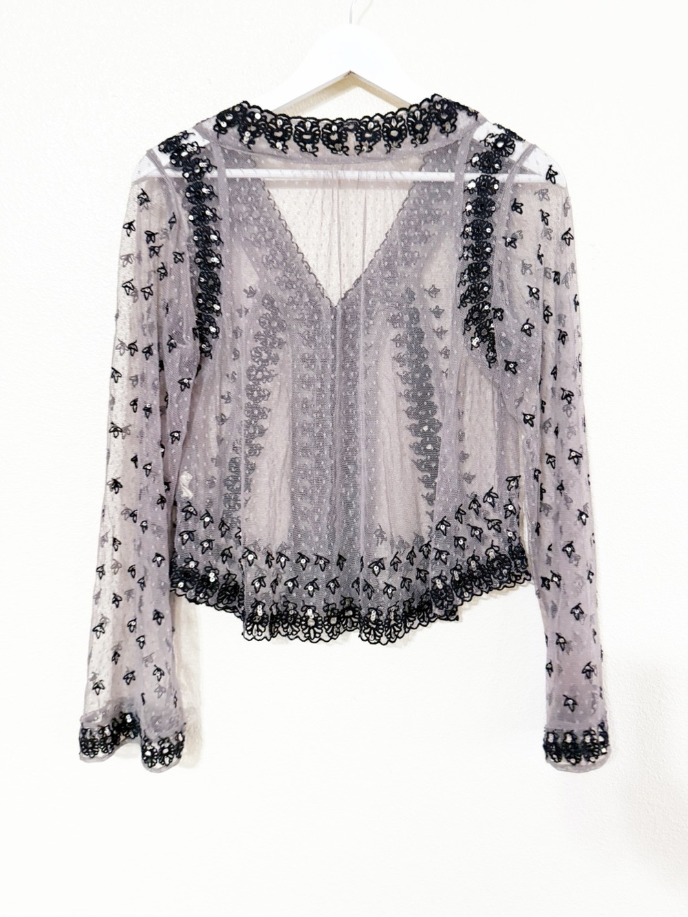 Free People Declan Sequin Sheer Embellished Shirt in Petrified Wood Combo Med - Picture 5 of 8